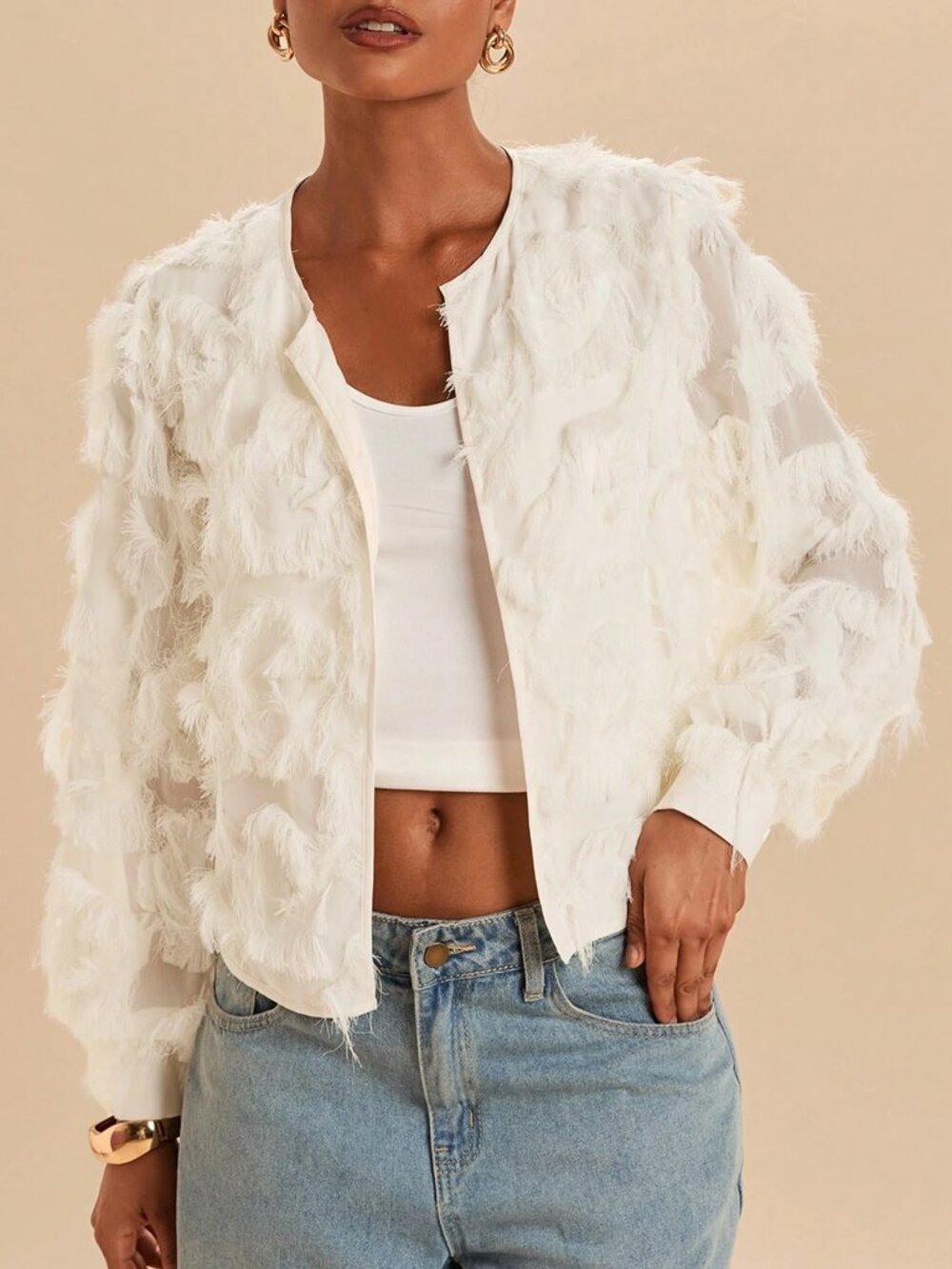 White Fringe Tassel Open Front Textured Cropped Casual Jacket